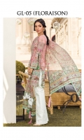 Digitally printed self-jacquard shirt Digitally printed chiffon dupatta White paste print trouser Embroidered organza patch for neckline Embroidered organza border for shirt front Embroidered organza motif for sleeves