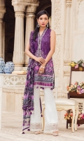 Digitally printed lawn shirt Digitally printed chiffon dupatta Dyed trouser Embroidered organza border for neckline Embroidered organza border for shirt front Embroidered organza border for trouser