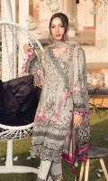 Digitally printed lawn shirt Digitally printed chiffon dupatta Dyed trouser Embroidered organza border for neckline Embroidered organza border for shirt front Embroidered organza border for trouser