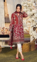 Digitally printed lawn shirt Digitally printed chiffon dupatta White paste print trouser Embroidered organza border for neckline Embroidered organza border for sleeves Embroidered organza border for shirt front Embroidered organza border for trouser