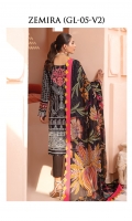 Digitally printed lawn shirt Digitally printed chiffon dupatta Dyed cotton trouser Embroidered organza border for neckline Embroidered organza border for shirt front Embroidered organza border for sleeves Embroidered organza motif for back
