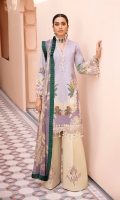 Digitally printed lawn shirt Digitally printed chiffon dupatta Dyed cotton trouser Embroidered organza border for neckline Embroidered organza border for shirt front Embroidered organza border for sleeves Embroidered organza motifs for trouser