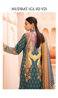 Digitally printed lawn shirt Digitally printed chiffon dupatta Dyed cotton trouser Embroidered organza patch for neckline Embroidered organza border for shirt front Embroidered organza border for sleeves Embroidered organza border for trouser