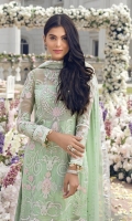 Embroidered & sequined chiffon front  Embroidered & sequined chiffon side panel Embroidered & sequined chiffon back  Embroidered & sequined chiffon sleeves  Embroidered & sequined chiffon dupatta  Dyed raw silk trouser Dyed inner shirt lining Embroidered & sequined organza border for front Embroidered & sequined organza border for back Embroidered & sequined organza border for sleeves Embroidered & sequined organza border for trouser Dyed organza foil printed border for dupatta  Hand embellished, embroidered & sequined organza patch for neckline