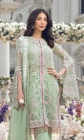 Embroidered & sequined chiffon front  Embroidered & sequined chiffon side panel Embroidered & sequined chiffon back  Embroidered & sequined chiffon sleeves  Embroidered & sequined chiffon dupatta  Dyed raw silk trouser Dyed inner shirt lining Embroidered & sequined organza border for front Embroidered & sequined organza border for back Embroidered & sequined organza border for sleeves Embroidered & sequined organza border for trouser Dyed organza foil printed border for dupatta  Hand embellished, embroidered & sequined organza patch for neckline