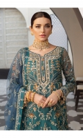 Adda-worked, fully embroidered & sequined net center panel Embroidered & sequined net side panel for shirt Embroidered & sequined net sleeves Embroidered & sequined net back Embroidered & sequined net dupatta Embroidered & sequined net border for front Embroidered & sequined net border for back Embroidered & sequined net border for sleeves Embroidered & sequined net border for dupatta Dyed raw silk trouser Dyed inner shirt lining