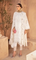 Sheesha-worked, fully embroidered & sequined slub lawn front Embroidered slub lawn side panel for front Embroidered and sequined slub lawn sleeves Embroidered and sequined slub lawn back Embroidered stripe-woven organza dupatta Dyed cotton trouser Embroidered & sequined organza border for dupatta Sheesha-worked, embroidered & sequined slub lawn border for front Sheesha-worked, embroidered & sequined slub lawn border for back Embroidered & sequined organza motif for back