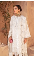 Sheesha-worked, fully embroidered & sequined slub lawn front Embroidered slub lawn side panel for front Embroidered and sequined slub lawn sleeves Embroidered and sequined slub lawn back Embroidered stripe-woven organza dupatta Dyed cotton trouser Embroidered & sequined organza border for dupatta Sheesha-worked, embroidered & sequined slub lawn border for front Sheesha-worked, embroidered & sequined slub lawn border for back Embroidered & sequined organza motif for back