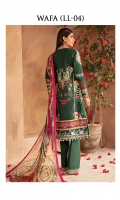 Embroidered lawn front Embroidered lawn side panel for front Digitally printed lawn sleeves Digitally printed lawn back Digitally printed chiffon dupatta Dyed cotton trouser Dori-worked and embroidered silk neckline Embroidered silk border for front Embroidered silk border for back Embroidered silk border for sleeves (A) Embroidered silk border for sleeves (B) Embroidered silk motif for sleeves Embroidered silk border for trouser