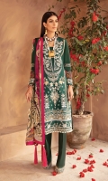 Embroidered lawn front Embroidered lawn side panel for front Digitally printed lawn sleeves Digitally printed lawn back Digitally printed chiffon dupatta Dyed cotton trouser Dori-worked and embroidered silk neckline Embroidered silk border for front Embroidered silk border for back Embroidered silk border for sleeves (A) Embroidered silk border for sleeves (B) Embroidered silk motif for sleeves Embroidered silk border for trouser