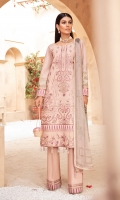 Fully embroidered self-jacquard shirt front Embroidered self-jacquard side panel Digitally printed self-jacquard back Digitally printed self-jacquard sleeves Digitally printed chiffon dupatta Dyed cotton trouser Embroidered silk border for front Embroidered silk border for back Embroidered silk border for sleeves Embroidered silk border for trouser