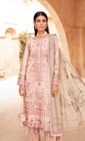 Fully embroidered self-jacquard shirt front Embroidered self-jacquard side panel Digitally printed self-jacquard back Digitally printed self-jacquard sleeves Digitally printed chiffon dupatta Dyed cotton trouser Embroidered silk border for front Embroidered silk border for back Embroidered silk border for sleeves Embroidered silk border for trouser