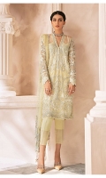 Adda worked, embroidered & sequined net front Embroidered & sequined net side panel Embroidered & sequined net back Embroidered & sequined net sleeves Crystal embellished, embroidered & sequined net dupatta Embroidered & sequined net border for dupatta pallu Hand embellished, embroidered & sequined neckline patti Embroidered & sequined net border for front Embroidered & sequined net border for back Embroidered & sequined net border for sleeves Dyed raw silk trouser Dyed inner shirt lining