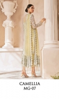 Adda worked, embroidered & sequined net front Embroidered & sequined net side panel Embroidered & sequined net back Embroidered & sequined net sleeves Crystal embellished, embroidered & sequined net dupatta Embroidered & sequined net border for dupatta pallu Hand embellished, embroidered & sequined neckline patti Embroidered & sequined net border for front Embroidered & sequined net border for back Embroidered & sequined net border for sleeves Dyed raw silk trouser Dyed inner shirt lining