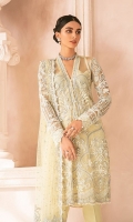 Adda worked, embroidered & sequined net front Embroidered & sequined net side panel Embroidered & sequined net back Embroidered & sequined net sleeves Crystal embellished, embroidered & sequined net dupatta Embroidered & sequined net border for dupatta pallu Hand embellished, embroidered & sequined neckline patti Embroidered & sequined net border for front Embroidered & sequined net border for back Embroidered & sequined net border for sleeves Dyed raw silk trouser Dyed inner shirt lining