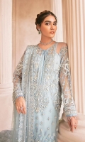 Adda worked, embroidered & sequined net front Embroidered & sequined net side panel Embroidered & sequined net back Embroidered & sequined net sleeves Pearl embellished net dupatta Embroidered & sequined net border for dupatta Embroidered & sequined net border for front Embroidered & sequined net border for back Embroidered & sequined net motif for trouser Dyed raw silk trouser Dyed inner shirt lining