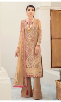 Embroidered chiffon front Embroidered chiffon side panel Embroidered chiffon sleeves Embroidered chiffon back Embroidered chiffon dupatta Embroidered & sequined silk motifs for dupatta Embroidered & sequined silk motifs for front Embroidered & sequined silk border for front Embroidered & sequined silk border for back Embroidered & sequined silk border for sleeves Dyed inner shirt lining Dyed raw silk trouser