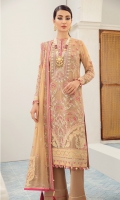 Embroidered chiffon front Embroidered chiffon side panel Embroidered chiffon sleeves Embroidered chiffon back Embroidered chiffon dupatta Embroidered & sequined silk motifs for dupatta Embroidered & sequined silk motifs for front Embroidered & sequined silk border for front Embroidered & sequined silk border for back Embroidered & sequined silk border for sleeves Dyed inner shirt lining Dyed raw silk trouser