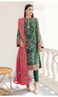Embroidered chiffon front Embroidered chiffon side panel Embroidered chiffon sleeves Embroidered chiffon back Embroidered net dupatta Embroidered & sequined silk border for dupatta Embroidered & sequined silk border for front Embroidered & sequined silk border for back Embroidered & sequined silk border for sleeves Dyed inner shirt lining Dyed raw silk trouser