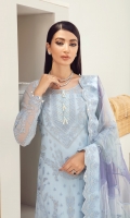 Embroidered chiffon front Embroidered chiffon side panel Embroidered chiffon sleeves Embroidered chiffon back Tri-tone, embroidered net chattapatti dupatta Embroidered net border for dupatta Embroidered net border for front Embroidered net border for back Embroidered net border for sleeves Embroidered organza motif for back Dyed inner shirt lining Dyed raw silk trouser