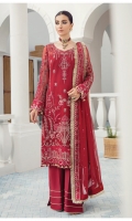 Embroidered chiffon front Embroidered chiffon side panel Embroidered chiffon sleeves Embroidered chiffon back Embroidered chiffon dupatta Embroidered & sequined silk border for dupatta Embroidered & sequined silk border for front Embroidered & sequined silk border for back Embroidered & sequined silk border for sleeves Dyed inner shirt lining Dyed raw silk trouser