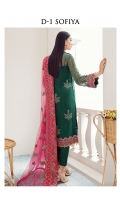 Embroidered chiffon front Embroidered chiffon side panel Embroidered chiffon sleeves Embroidered chiffon back Embroidered net dupatta Embroidered & sequined silk border for dupatta Embroidered & sequined silk border for front Embroidered & sequined silk border for back Embroidered & sequined silk border for sleeves Dyed inner shirt lining Dyed raw silk trouser