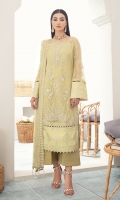 Embroidered chiffon front Embroidered chiffon side panel Embroidered chiffon sleeves Embroidered chiffon back Embroidered chiffon dupatta Embroidered silk border for front Embroidered silk border for back Embroidered silk border for sleeves Dyed inner shirt lining Dyed raw silk trouser