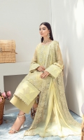 Embroidered chiffon front Embroidered chiffon side panel Embroidered chiffon sleeves Embroidered chiffon back Embroidered chiffon dupatta Embroidered silk border for front Embroidered silk border for back Embroidered silk border for sleeves Dyed inner shirt lining Dyed raw silk trouser