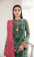 Embroidered chiffon front Embroidered chiffon side panel Embroidered chiffon sleeves Embroidered chiffon back Embroidered net dupatta Embroidered & sequined silk border for dupatta Embroidered & sequined silk border for front Embroidered & sequined silk border for back Embroidered & sequined silk border for sleeves Dyed inner shirt lining Dyed raw silk trouser