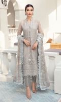 Embroidered chiffon front Embroidered chiffon side panel Embroidered chiffon sleeves Embroidered chiffon back Embroidered & sequined chiffon dupatta Embroidered & sequined silk border for dupatta Embroidered & sequined silk border for front Embroidered & sequined silk border for back Embroidered & sequined silk border for sleeves Embroidered & sequined organza motifs for trouser Dyed inner shirt lining Dyed raw silk trouser