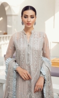 Embroidered chiffon front Embroidered chiffon side panel Embroidered chiffon sleeves Embroidered chiffon back Embroidered & sequined chiffon dupatta Embroidered & sequined silk border for dupatta Embroidered & sequined silk border for front Embroidered & sequined silk border for back Embroidered & sequined silk border for sleeves Embroidered & sequined organza motifs for trouser Dyed inner shirt lining Dyed raw silk trouser
