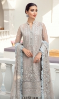 Embroidered chiffon front Embroidered chiffon side panel Embroidered chiffon sleeves Embroidered chiffon back Embroidered & sequined chiffon dupatta Embroidered & sequined silk border for dupatta Embroidered & sequined silk border for front Embroidered & sequined silk border for back Embroidered & sequined silk border for sleeves Embroidered & sequined organza motifs for trouser Dyed inner shirt lining Dyed raw silk trouser