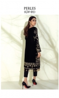 Adda-worked, embroidered & sequined velvet front Embroidered & sequined velvet side panel Embroidered & sequined velvet sleeves Plain velvet back Embroidered & sequined velvet border for front Embroidered & sequined velvet border for back Dyed raw silk trouser