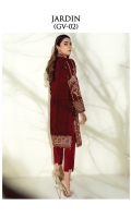 Adda-worked, embroidered & sequined velvet front Embroidered & sequined velvet side panel Embroidered & sequined velvet sleeves Plain velvet back Embroidered & sequined velvet border for front Embroidered & sequined velvet border for back Dyed raw silk trouser