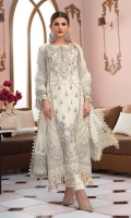 Hand embellished, embroidered & sequined organza center panel for front Embroidered & sequined organza side panels Embroidered organza back Embroidered & sequined organza sleeves Crystal embellished & embroidered net dupatta Embroidered & sequined net patch for dupatta pallu Embroidered & sequined organza border for front Embroidered & sequined organza border for back Dyed raw silk trouser Dyed inner shirt lining