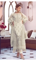 Hand embellished, embroidered & sequined organza center panel for front Embroidered & sequined organza side panels Embroidered organza back Embroidered & sequined organza sleeves Crystal embellished & embroidered net dupatta Embroidered & sequined net patch for dupatta pallu Embroidered & sequined organza border for front Embroidered & sequined organza border for back Dyed raw silk trouser Dyed inner shirt lining