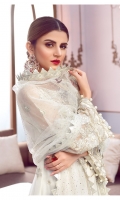 Hand embellished, embroidered & sequined organza center panel for front Embroidered & sequined organza side panels Embroidered organza back Embroidered & sequined organza sleeves Crystal embellished & embroidered net dupatta Embroidered & sequined net patch for dupatta pallu Embroidered & sequined organza border for front Embroidered & sequined organza border for back Dyed raw silk trouser Dyed inner shirt lining