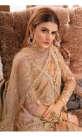 Hand embellished, embroidered & sequined net front Embroidered net side panel for front Embroidered net back Embroidered & sequined net sleeves Crystal embellished & embroidered net dupatta Embroidered & sequined net pallu border for dupatta Embroidered & sequined net border for neckline Embroidered & sequined net border for front Embroidered & sequined net border for back Dyed raw silk trouser Dyed inner shirt lining