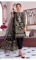 Hand embellished & embroidered chiffon center panel for front Embroidered chiffon side panels for front Embroidered chiffon back Embroidered chiffon sleeves Embroidered net dupatta Embroidered & sequined net pallu border for dupatta Embroidered & sequined silk patch for neckline Embroidered & sequined silk border for front Embroidered & sequined silk border for back Embroidered & sequined silk border for sleeves Dyed raw silk trouser Dyed inner shirt lining