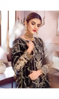 Hand embellished & embroidered chiffon center panel for front Embroidered chiffon side panels for front Embroidered chiffon back Embroidered chiffon sleeves Embroidered net dupatta Embroidered & sequined net pallu border for dupatta Embroidered & sequined silk patch for neckline Embroidered & sequined silk border for front Embroidered & sequined silk border for back Embroidered & sequined silk border for sleeves Dyed raw silk trouser Dyed inner shirt lining