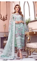 Hand embellished, embroidered & sequined net center panel for front Hand embellished & embroidered side panels for front Embroidered net back Embroidered & sequined net sleeves Embroidered net dupatta Embroidered & sequined net pallu border for dupatta Embroidered & sequined net border for front Embroidered & sequined net border for trouser Dyed raw silk trouser Dyed inner shirt lining
