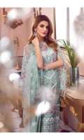Hand embellished, embroidered & sequined net center panel for front Hand embellished & embroidered side panels for front Embroidered net back Embroidered & sequined net sleeves Embroidered net dupatta Embroidered & sequined net pallu border for dupatta Embroidered & sequined net border for front Embroidered & sequined net border for trouser Dyed raw silk trouser Dyed inner shirt lining