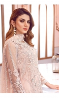 Hand embellished, embroidered & sequined net center panel for front Embroidered & sequined net side panels Embroidered & sequined net back Embroidered & sequined net sleeves Embroidered & sequined net dupatta Hand worked, embroidered & sequined net patch for neckline Embroidered & sequined net border for sleeves Embroidered & sequined net border for front Embroidered & sequined net border for trouser Dyed raw silk trouser Dyed inner shirt lining