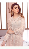 Hand embellished, embroidered & sequined net center panel for front Embroidered & sequined net side panels Embroidered & sequined net back Embroidered & sequined net sleeves Embroidered & sequined net dupatta Hand worked, embroidered & sequined net patch for neckline Embroidered & sequined net border for sleeves Embroidered & sequined net border for front Embroidered & sequined net border for trouser Dyed raw silk trouser Dyed inner shirt lining
