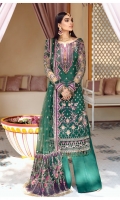 Adda-worked, embroidered & sequined net front shirt Embroidered & sequined net side panel Embroidered & sequined net sleeves Embroidered & sequined net back Embroidered & sequined net dupatta Embroidered & sequined net dupatta pallu Embroidered & sequined net border for front Embroidered & sequined net border for back Embroidered & sequined net border for sleeves Embroidered & sequined patch for neckline Dyed inner shirt lining Dyed raw silk fabric for sharara