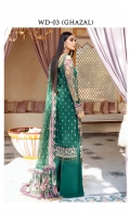 Adda-worked, embroidered & sequined net front shirt Embroidered & sequined net side panel Embroidered & sequined net sleeves Embroidered & sequined net back Embroidered & sequined net dupatta Embroidered & sequined net dupatta pallu Embroidered & sequined net border for front Embroidered & sequined net border for back Embroidered & sequined net border for sleeves Embroidered & sequined patch for neckline Dyed inner shirt lining Dyed raw silk fabric for sharara