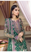 Adda-worked, embroidered & sequined net front shirt Embroidered & sequined net side panel Embroidered & sequined net sleeves Embroidered & sequined net back Embroidered & sequined net dupatta Embroidered & sequined net dupatta pallu Embroidered & sequined net border for front Embroidered & sequined net border for back Embroidered & sequined net border for sleeves Embroidered & sequined patch for neckline Dyed inner shirt lining Dyed raw silk fabric for sharara