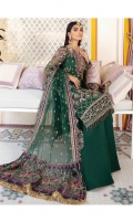 Adda-worked, embroidered & sequined net front shirt Embroidered & sequined net side panel Embroidered & sequined net sleeves Embroidered & sequined net back Embroidered & sequined net dupatta Embroidered & sequined net dupatta pallu Embroidered & sequined net border for front Embroidered & sequined net border for back Embroidered & sequined net border for sleeves Embroidered & sequined patch for neckline Dyed inner shirt lining Dyed raw silk fabric for sharara