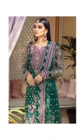 Adda-worked, embroidered & sequined net front shirt Embroidered & sequined net side panel Embroidered & sequined net sleeves Embroidered & sequined net back Embroidered & sequined net dupatta Embroidered & sequined net dupatta pallu Embroidered & sequined net border for front Embroidered & sequined net border for back Embroidered & sequined net border for sleeves Embroidered & sequined patch for neckline Dyed inner shirt lining Dyed raw silk fabric for sharara