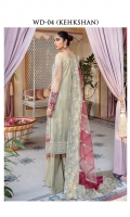 Adda-worked, embroidered & sequined net front shirt Embroidered & sequined net side panel Adda-worked, embroidered & sequined net sleeves Embroidered & sequined net back Tri-tone chatta patti net dupatta Embroidered & sequined silk border for dupatta Embroidered & sequined net border for shirt front (peach) Embroidered & sequined net border for shirt front (fuchsia) Embroidered & sequined silk border for shirt front (green) Embroidered & sequined silk border for shirt back (green) Embroidered & sequined silk border for sleeves (fuchsia) Dyed inner shirt lining Dyed raw silk trouser